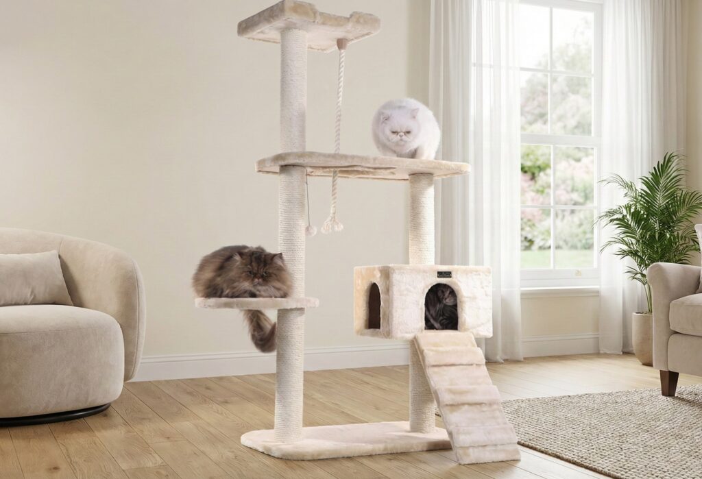 Cat leaping from the high shelf of a towering Armarkat 78-in Premium Cat Tree in a warm, carpeted living room