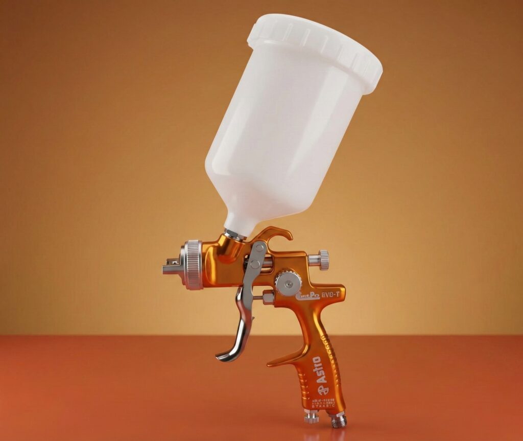 Astro Tools EVOT14 EuroPro LVLP spray gun with an orange anodized forged body and plastic cup