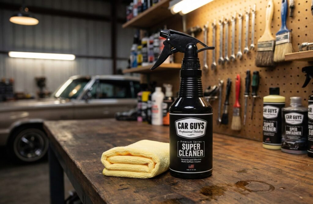 CAR GUYS Super Cleaner | Effective Car Interior Cleaner | Leather Car Seat Cleaner bottle on a wooden workbench next to a folded yellow microfiber towel.