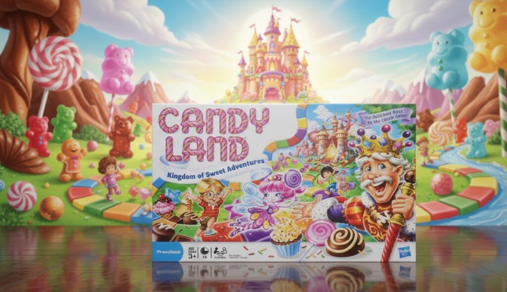A photo of the game board and box for the Candy Land Bluey edition