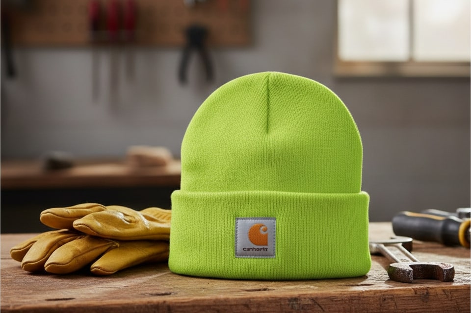 folded Carhartt Men’s Knit Cuffed Beanie in a neutral color