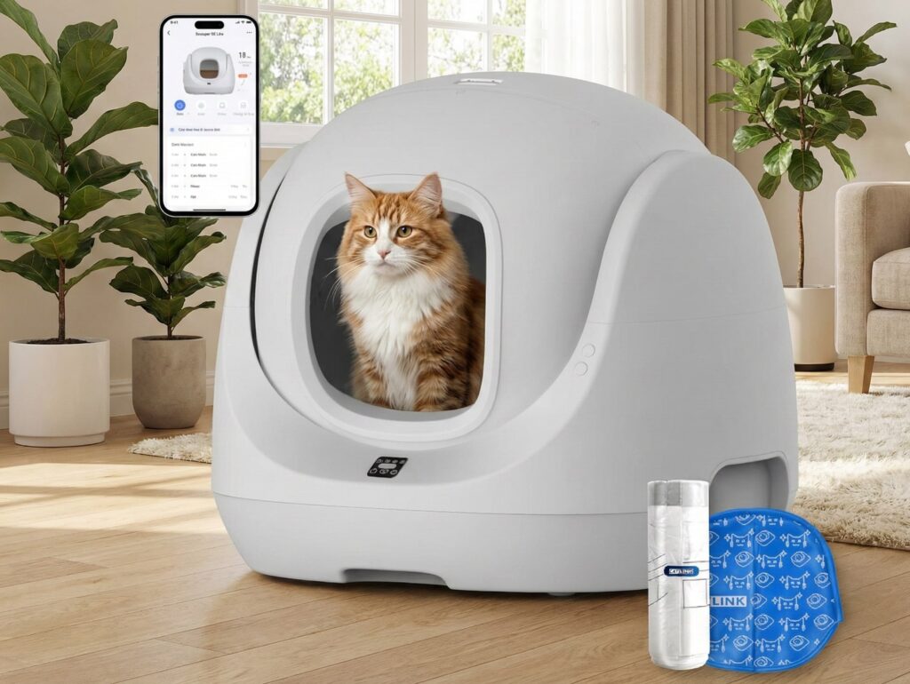 Catlink Scooper Pro high-capacity self-cleaning litter box for multi-cat households, showing massive 13L waste drawer and UV sterilization features.