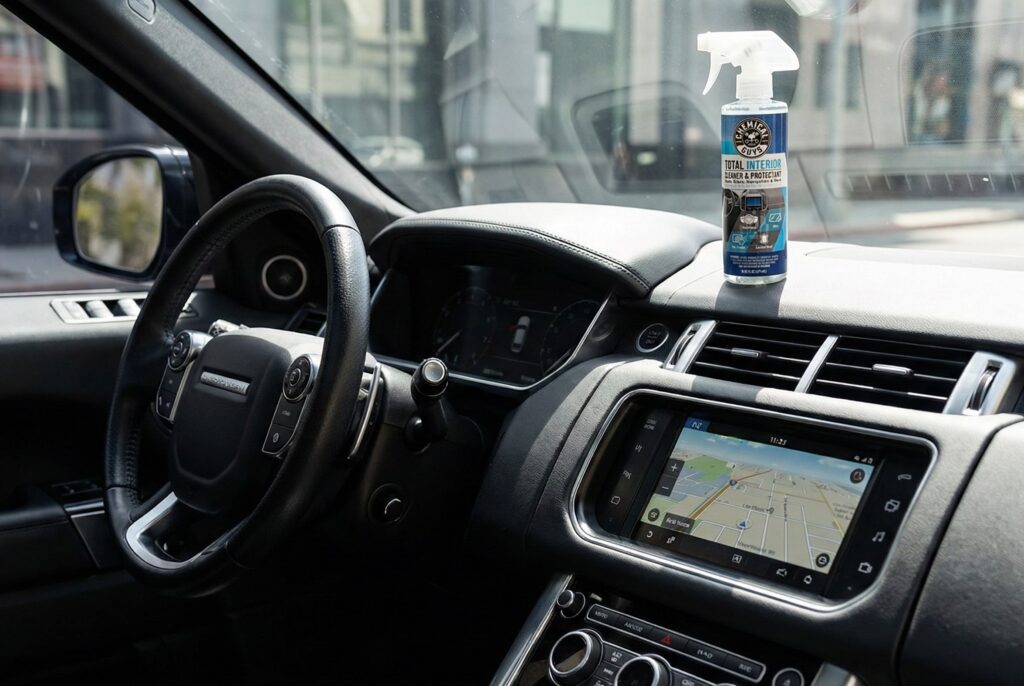 Chemical Guys Total Interior Cleaner & Protectant spray bottle on a luxury car dashboard, showing its use for cleaning plastic, vinyl, and leather surfaces.