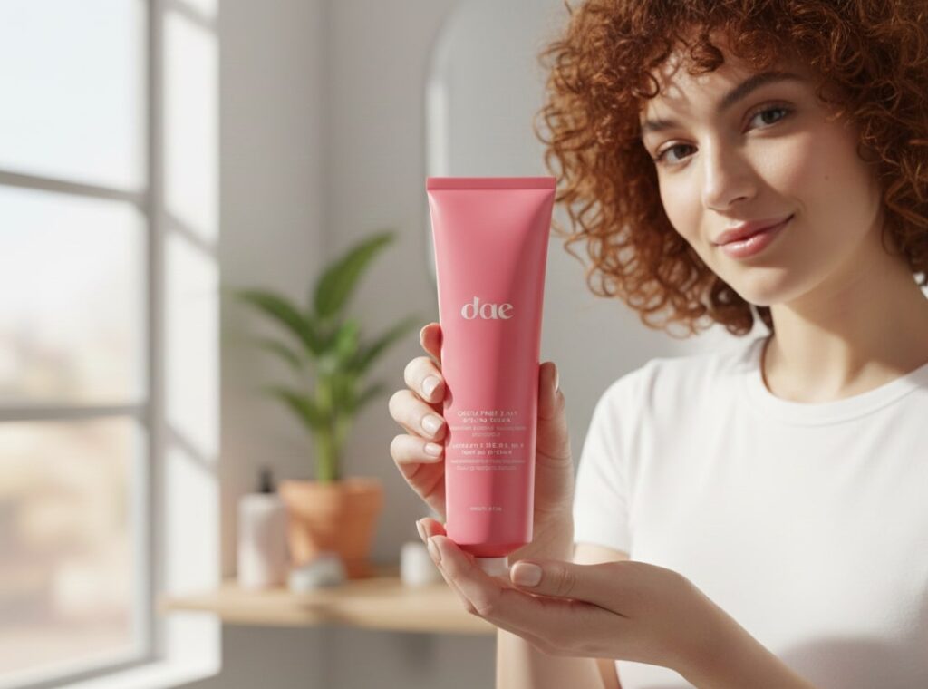 A smiling woman with blonde curly hair holding the white and wood-grain ASAKUKI Essential Oil Diffuser, illustrating its compact size and ease of use.