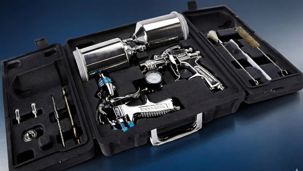 DeVilbiss 802343 StartingLine Auto Painting and Priming Kit with two spray guns in a hard storage case