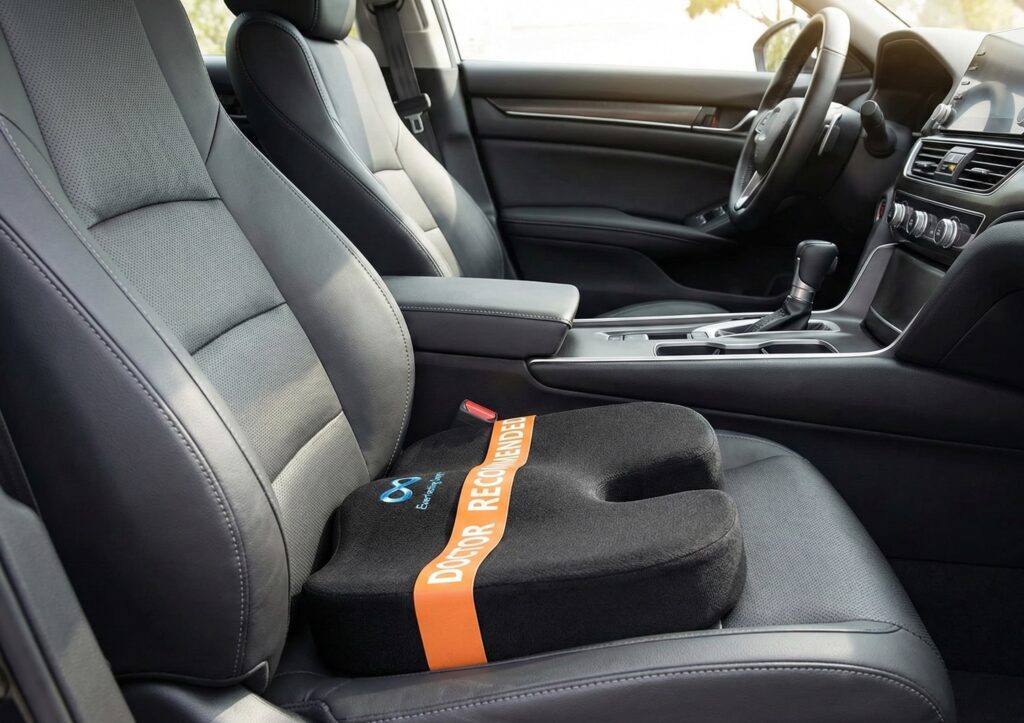 : Everlasting Comfort Doctor Recommended Memory Foam Seat Cushion (Large, Black) placed on a vehicle's driver seat for ergonomic support and tailbone pain relief.