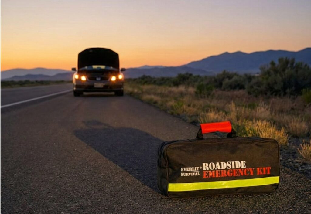 An Everlit Survival Car Emergency Kit, Roadside Safety Tool Kit bag with reflective yellow stripes placed on the asphalt road at sunset, with a car showing hazard lights and an open hood in the distance.