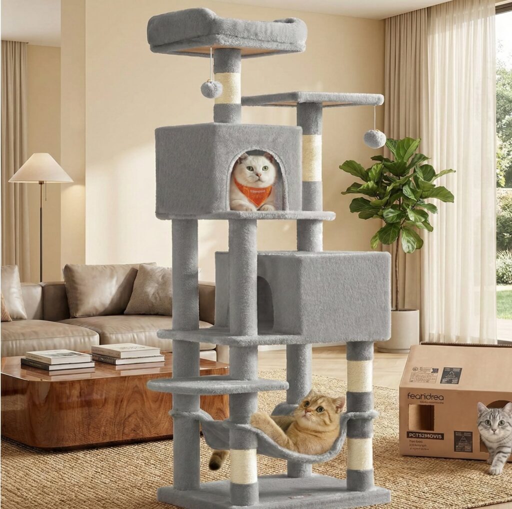 Curious cat peeking out from the condo of a Feandrea 61-Inch Multi-Level Cat Tree during playtime in a bright living room