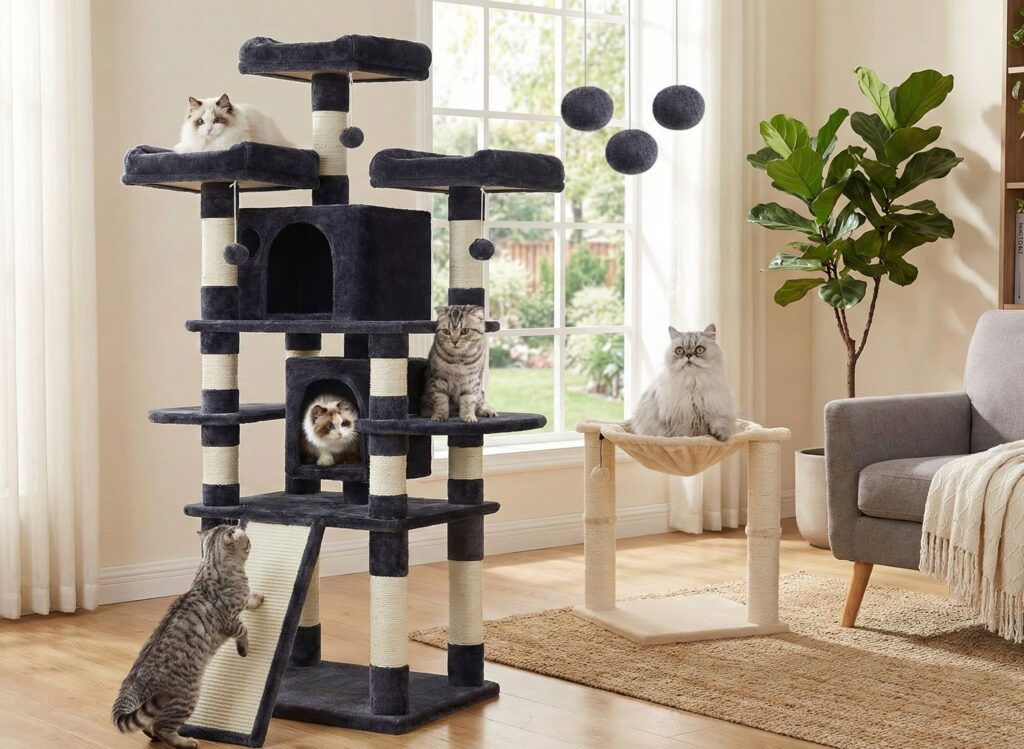 Energetic cat jumping between the platforms of a Feandrea 67-in Multi-Level Cat Tree placed in a spacious living room corner.