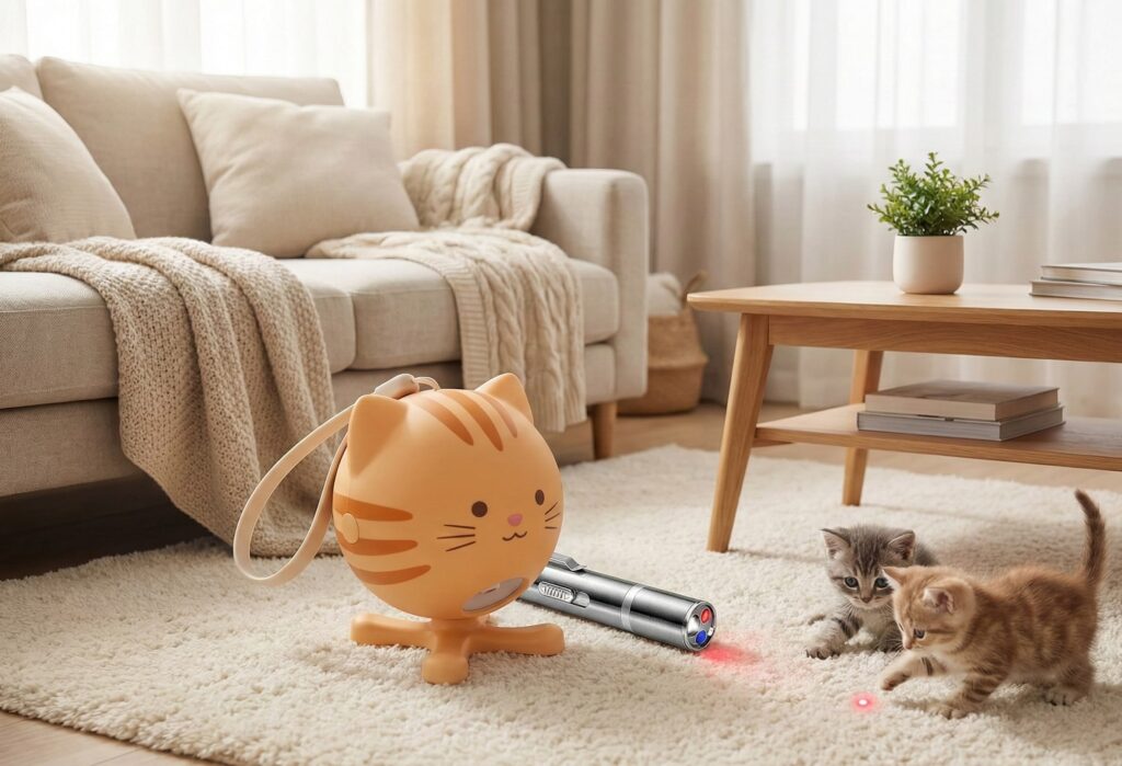 FurryFido Rechargeable Laser Pointer - Silver stainless steel handheld mini laser pen with USB charging and flashlight mode.