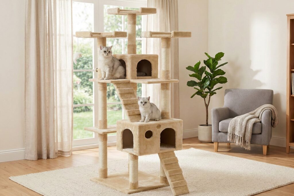 Adventurous cat climbing to the top perch of a Go Pet Club 72-in Cat Tree overlooking a cozy living room area.