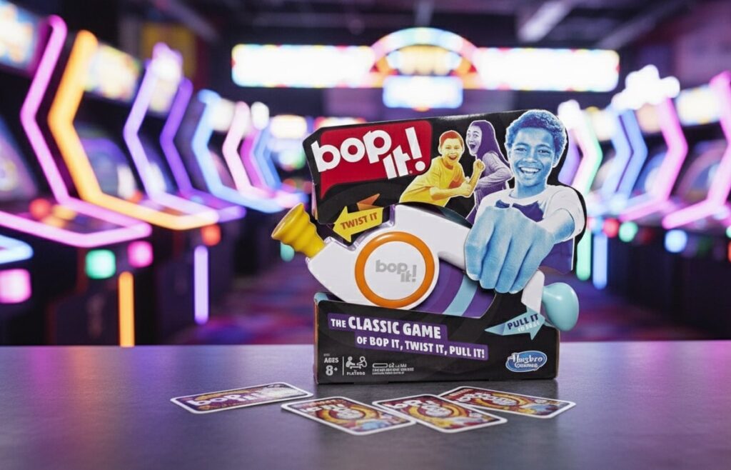 The colorful packaging for the Hasbro Gaming Bop It! electronic game