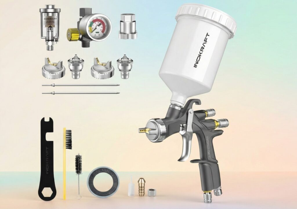 InoKraft D1 LVLP Air Spray Gun Premium Kit including regulator, cleaning tools, and multiple nozzle sizes