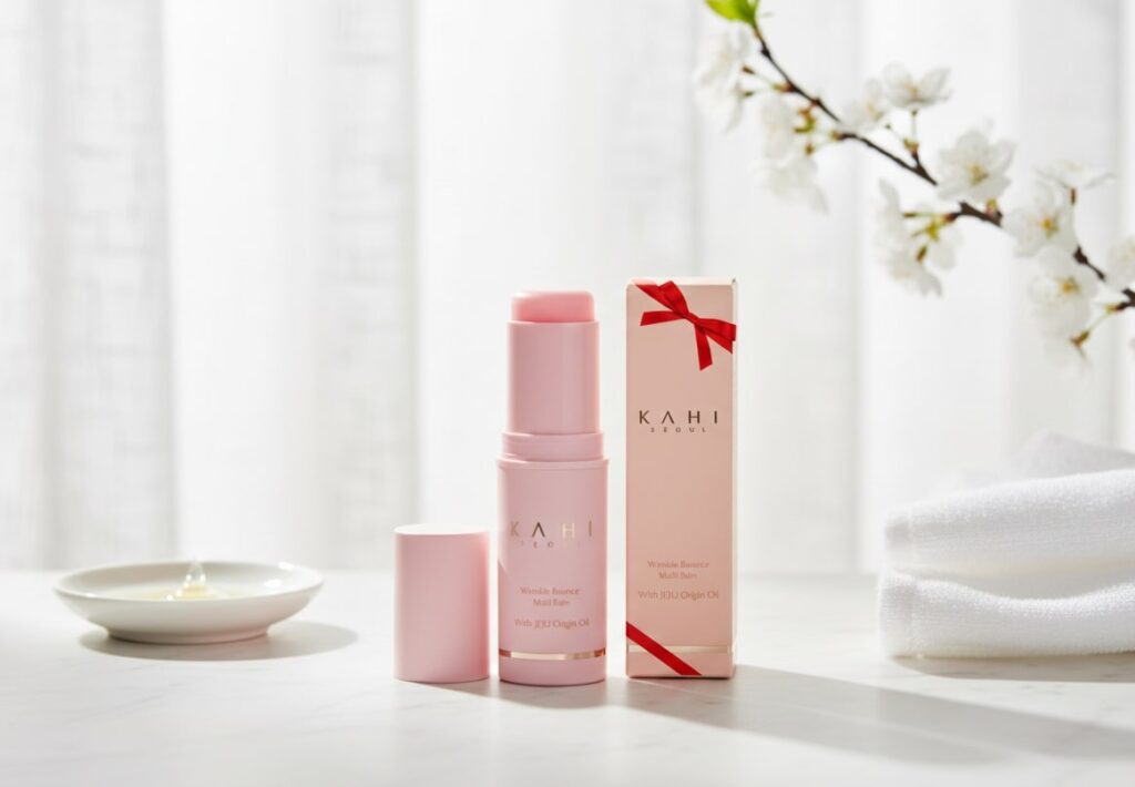 A slender, pink stick of KAHI Wrinkle Bounce Multi Balm shown next to its packaging