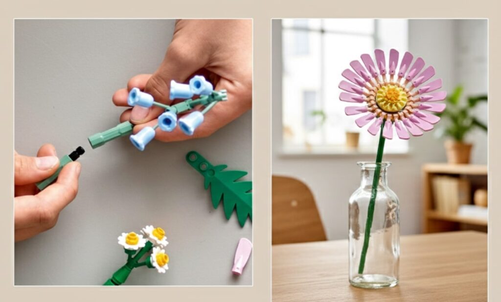 A clear depiction of the American adult giving the LEGO to the child, enhanced by a carefully selected, fitting background.