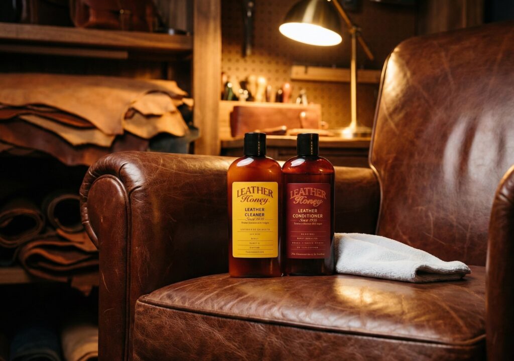 Leather Honey Leather Cleaner: Non-Toxic Leather Care Made in the USA Since 1968 and conditioner bottles sitting on a vintage leather armchair with a cleaning cloth.