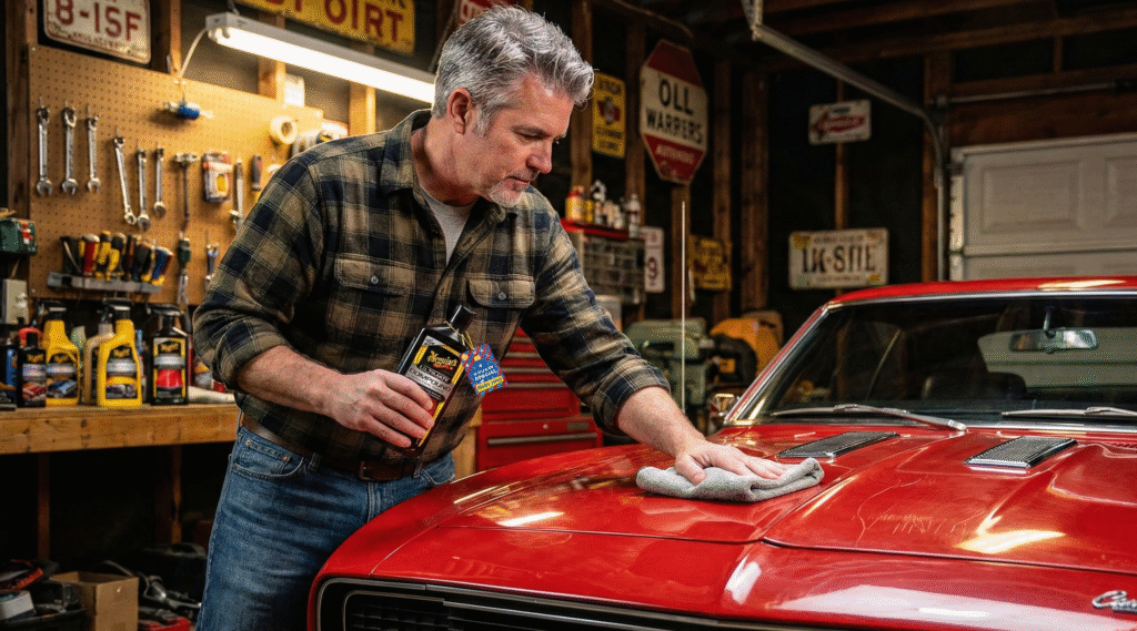 A man in a plaid shirt applying Meguiar’s Ultimate Compound, Pro-Grade Car Scratch Remover for Paint Correction to the hood of a classic red car using a microfiber towel in a professional home garage.