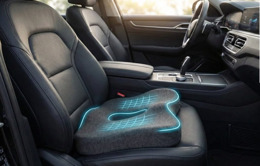 : An orthopedic Memory Foam Seat Chair Cushion in Dark Gray on a car seat, designed to relieve back sciatica and tailbone pain for comfortable travel.