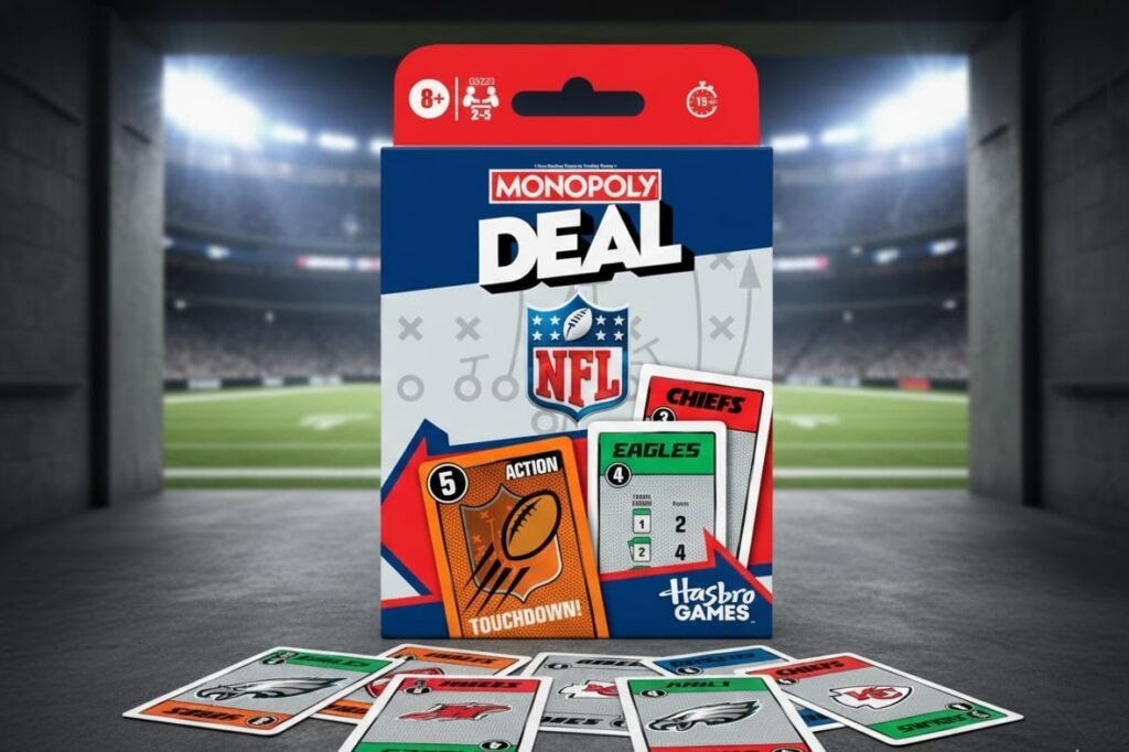 A close-up shot of the Monopoly Deal card game box and scattered cards.