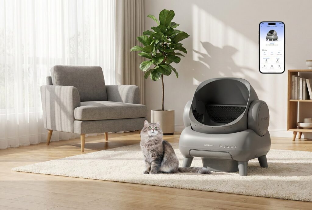 Neakasa M1 open-top automatic litter box with zero pinch risk, designed for large breeds like Maine Coons and claustrophobic cats.