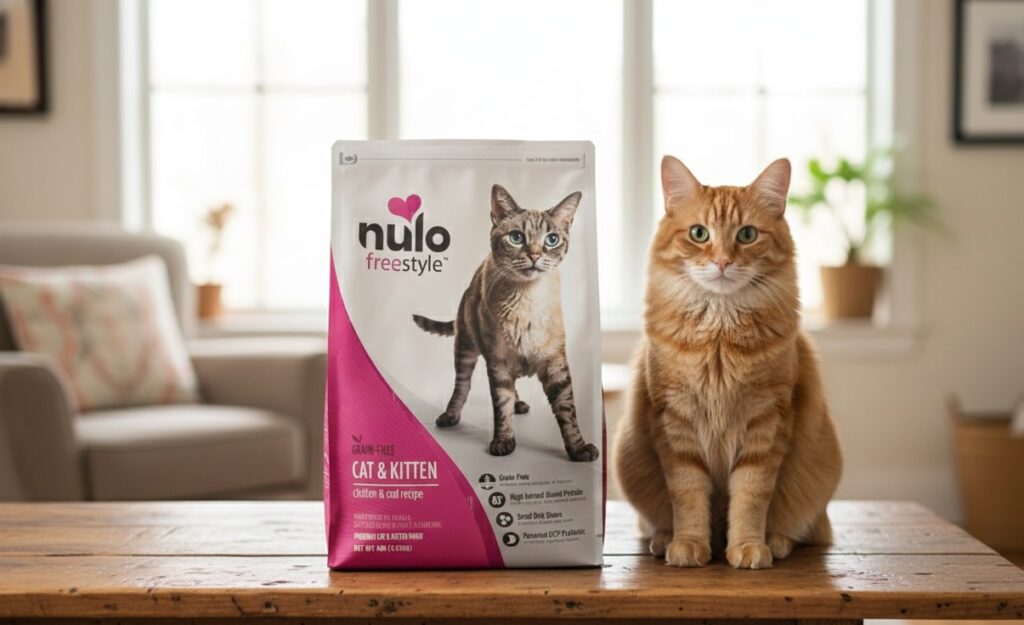 Nulo Freestyle Chicken & Cod recipe, a high-protein, low-carb Grain-Free Cat Food for active cats.