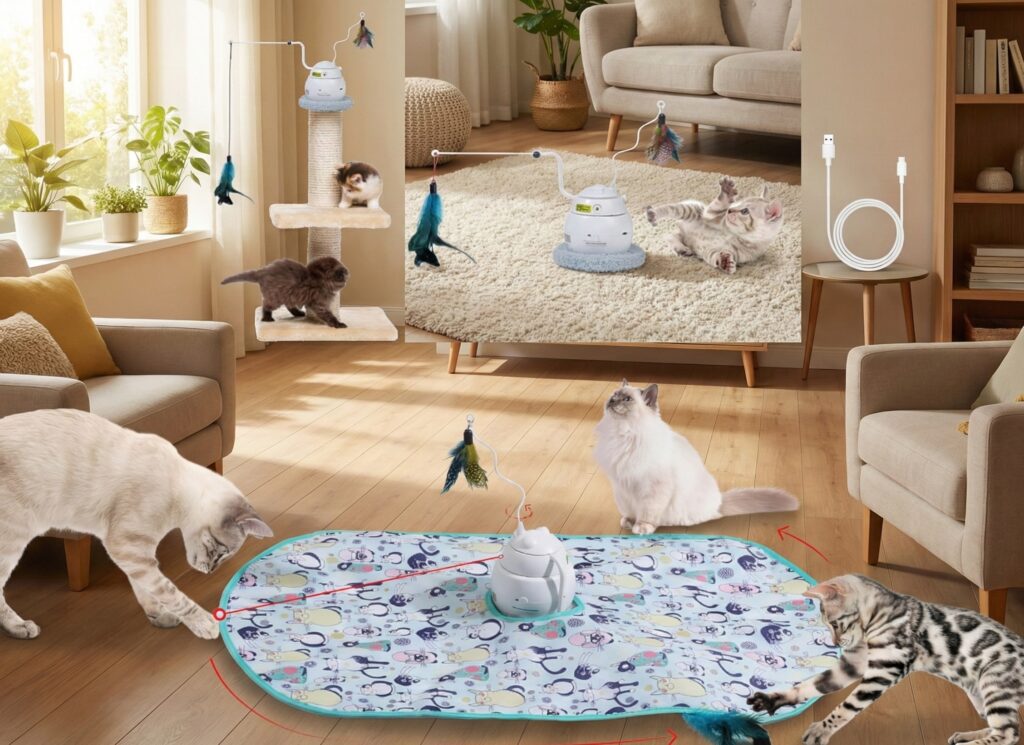 PawsPik 4-in-1 Interactive Laser & Hide & Seek - Electronic ambush feather toy under blue cover combined with automatic rotating laser.