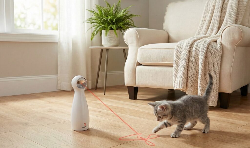 PetSafe Bolt Interactive Laser Cat Toy - White tower-shaped automatic laser toy holding in hand or placed on flat surface.
