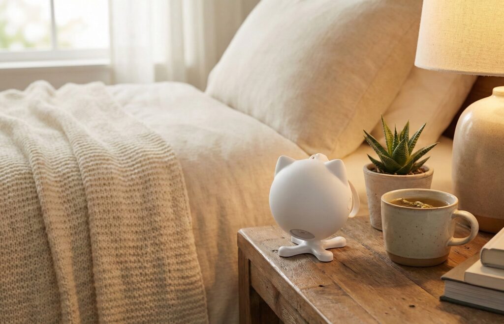 PetSafe Dancing Dot - Compact laser cat toy hanging from doorknob or table edge projecting random red dots.