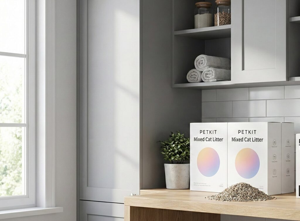 Two white boxes of Petkit 5-in-1 Mixed Cat Litter with colorful gradient circle branding, displayed above a pile of mixed-texture granules.