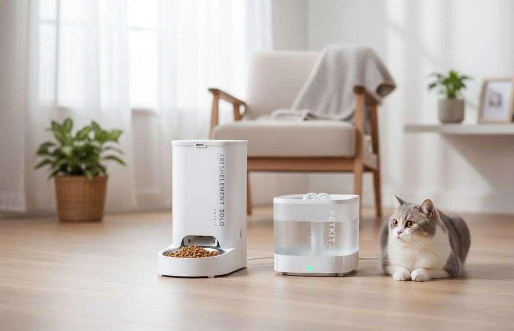 Close-up of the white Petkit Fresh Element 3 automatic cat feeder, emphasizing the airtight sealing mechanism and optional dual hopper (Gemini) for food freshness.