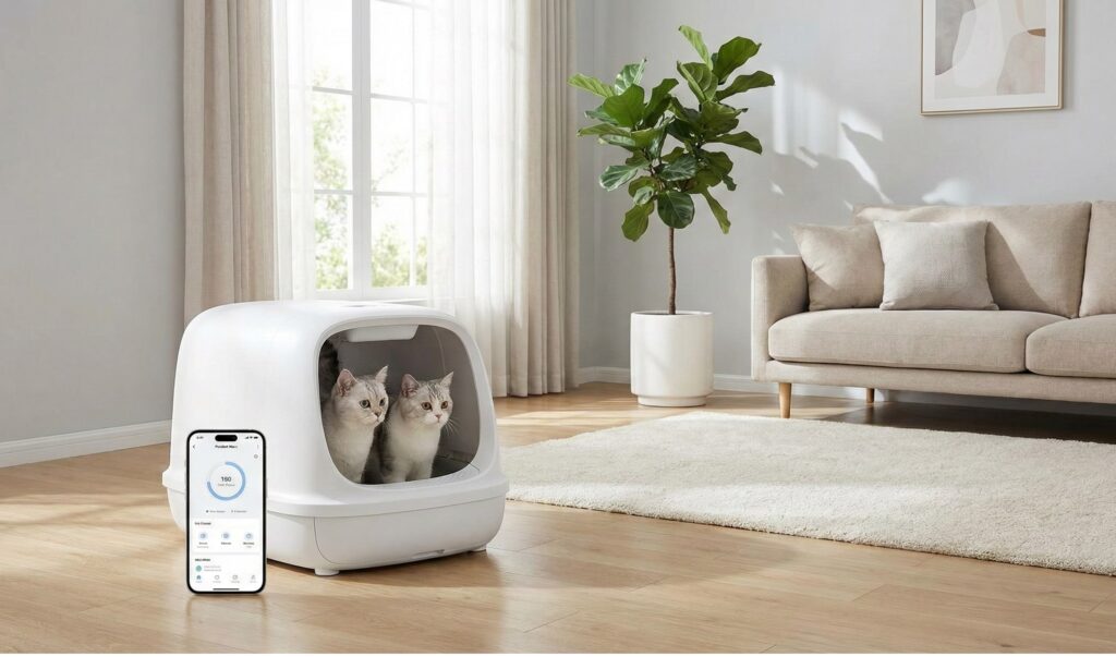 Petkit Pura Max 2025 automatic litter box with low-entry design perfect for short-legged or older cats, featuring Pura Air smart spray odor removal system.
