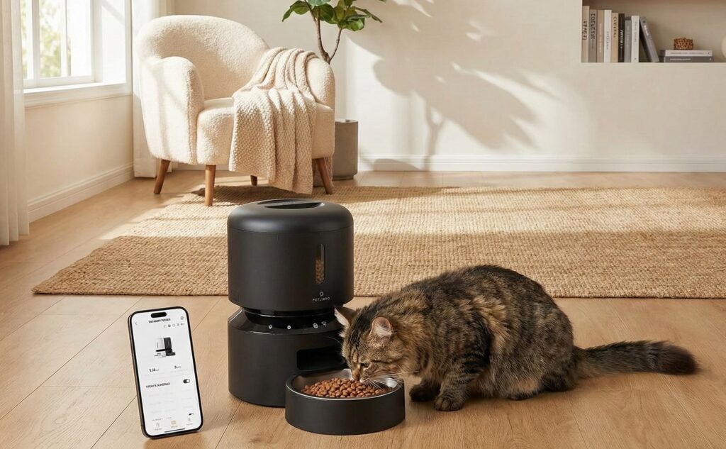 Black Petlibro Granary WiFi Automatic Pet Feeder dispensing dry kibble for a cat, highlighting app-controlled scheduling and anti-jam technology.
