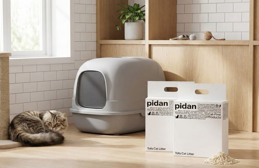 Pidan Tofu Cat Litter packages and pellets placed on a wooden floor beside a modern grey hooded litter box, with a fluffy tabby cat resting nearby.