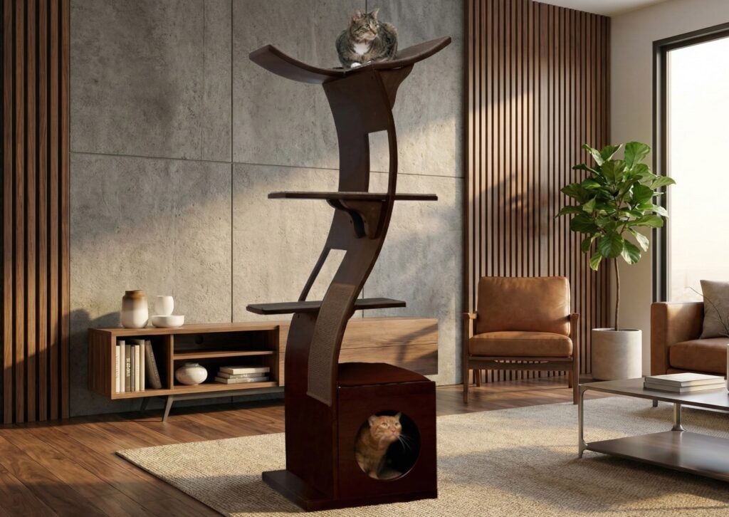 Sleek cat stretching on the curved wooden platform of a Refined Feline Lotus Cat Tower in a stylish contemporary living room