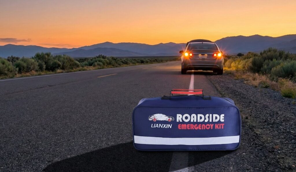 A blue Roadside Assistance Emergency Kit - Car Emergency Kit with Jumper Cables by Lianxin sitting on the road shoulder at dusk, featuring a broken-down vehicle with its lights on in the background.