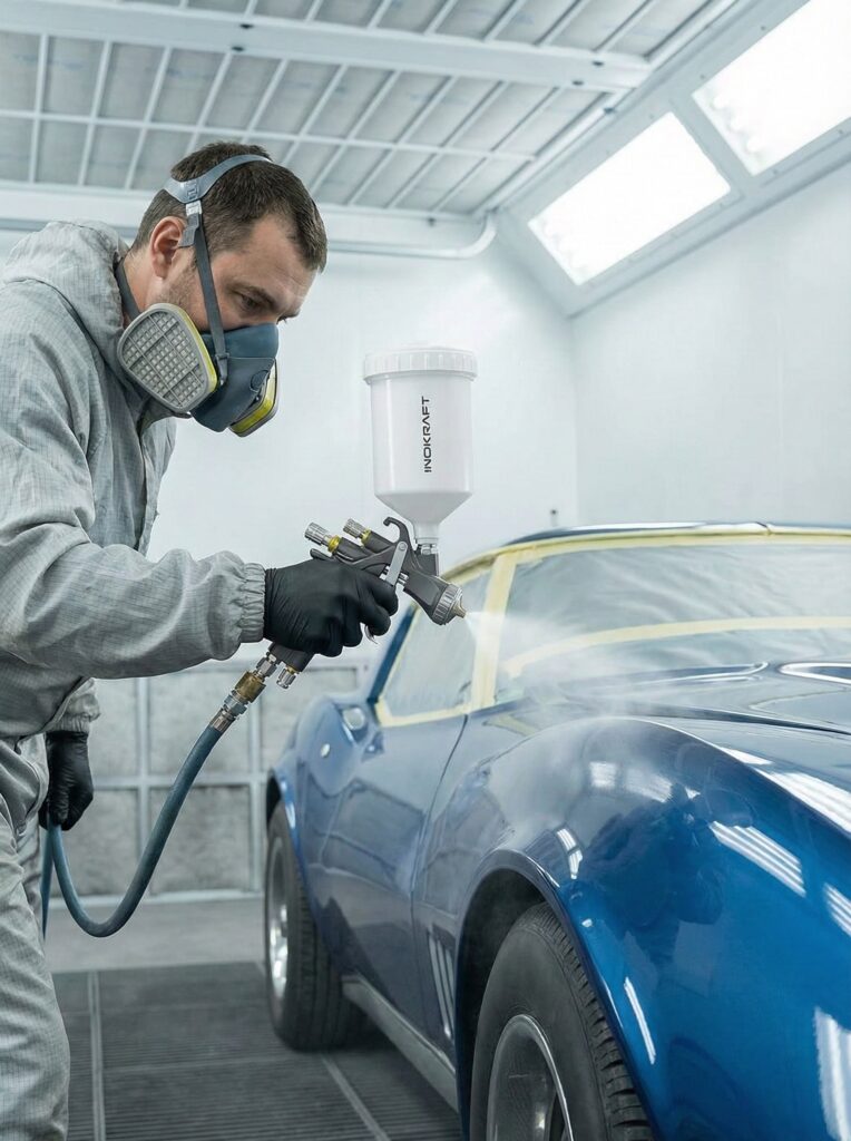 Professional automotive painter using the InoKraft D1 LVLP spray gun to paint a car panel in a workshop