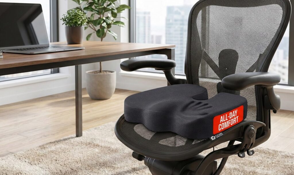 A black Seat Cushion for Office Chairs providing Tailbone and Coccyx Pain Relief placed on an ergonomic mesh office chair in a bright home workspace.