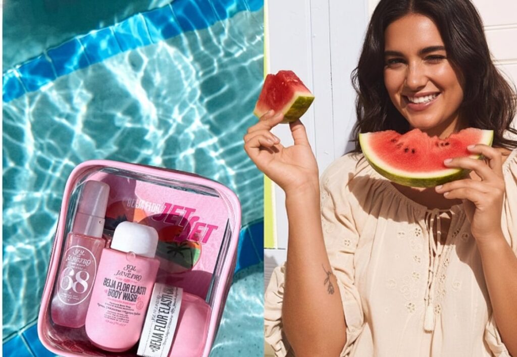 Lifestyle shot of the Sol de Janeiro Beija Flor Jet Set nestled in a clear cosmetic bag, ready for travel to a sunny European destination.