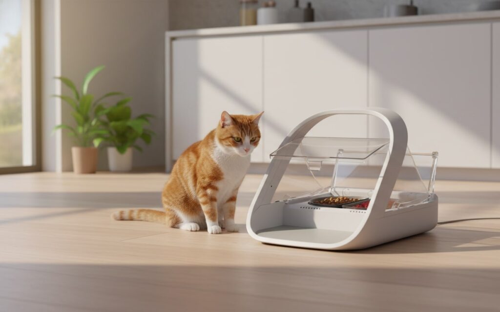 SureFeed Microchip Pet Feeder opening for an authorized cat, demonstrating selective access control to manage prescription diets and prevent food theft in multi-pet homes