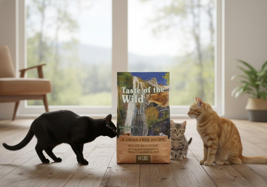 Taste of the Wild Rocky Mountain recipe, a highly digestible Grain-Free Cat Food with novel proteins.