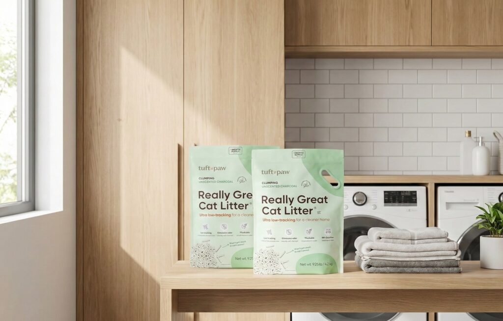 Two bags of Tuft & Paw Really Great Cat Litter placed on a wooden counter in a bright, modern laundry room setting next to folded towels.