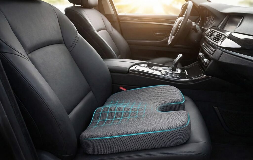 A TushGuard Seat Cushion memory foam pad sitting on a gray car seat, designed for car drivers to provide hip and coccyx pain relief during commutes.