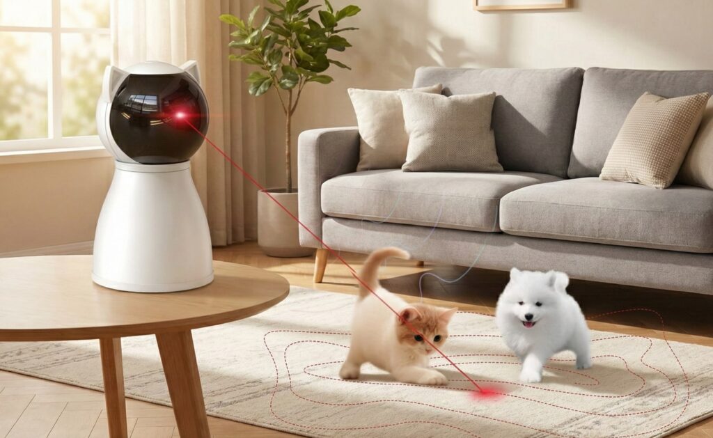 Valonii Motion Activated Laser Toy - Rechargeable automatic laser cat toy with motion sensor placed on floor for hands-free play.
