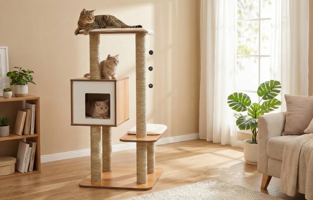 Cat batting at the hanging ball toy attached to a Vesper High Base furniture piece in a minimalist living room setting