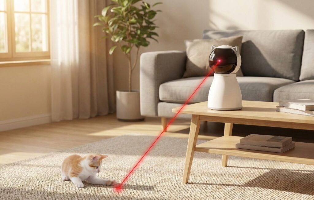 YVE LIFE Automatic Cat Laser Toy - Portable robot-style laser projector toy with dual power supply and random patterns.