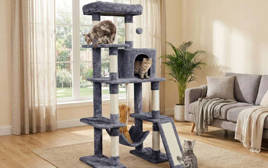 "Playful cat scratching the sisal post of a Yaheetech 63-in Cat Tree Tower Condo in a modern living room."