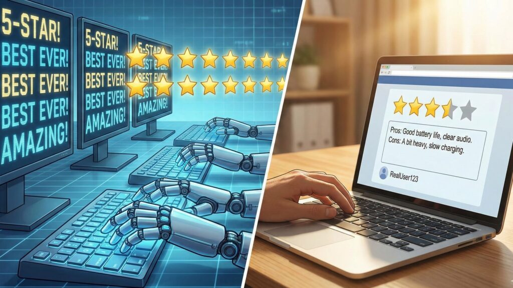 A split-screen comparison showing robotic arms generating mass generic 5-star reviews versus a human hand writing a detailed, authentic 4-star review.