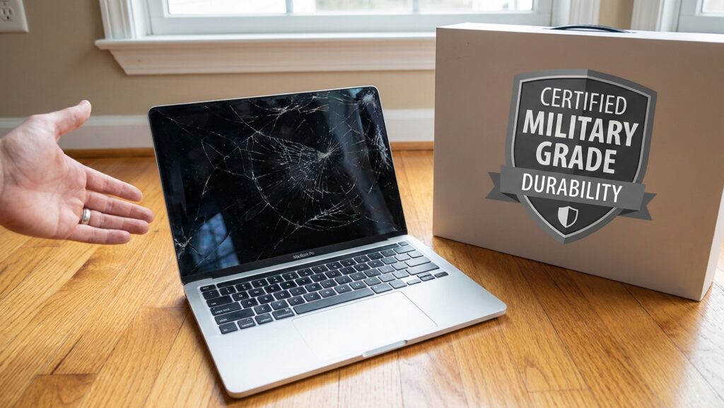A shattered laptop on the floor next to its box which prominently advertises "Military Grade Durability."