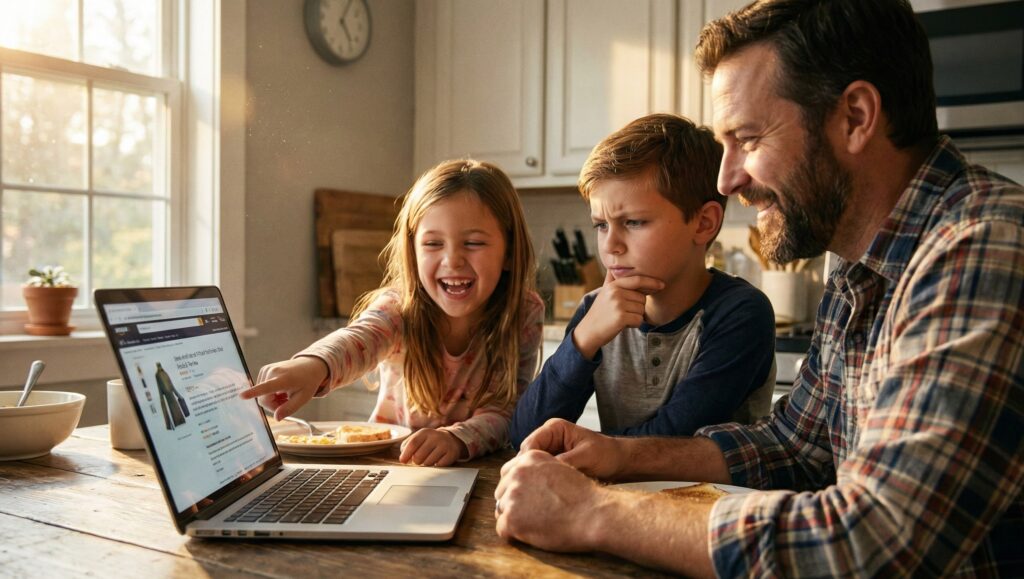 A father teaching his son and daughter how to identify fake online reviews on a laptop during breakfast.