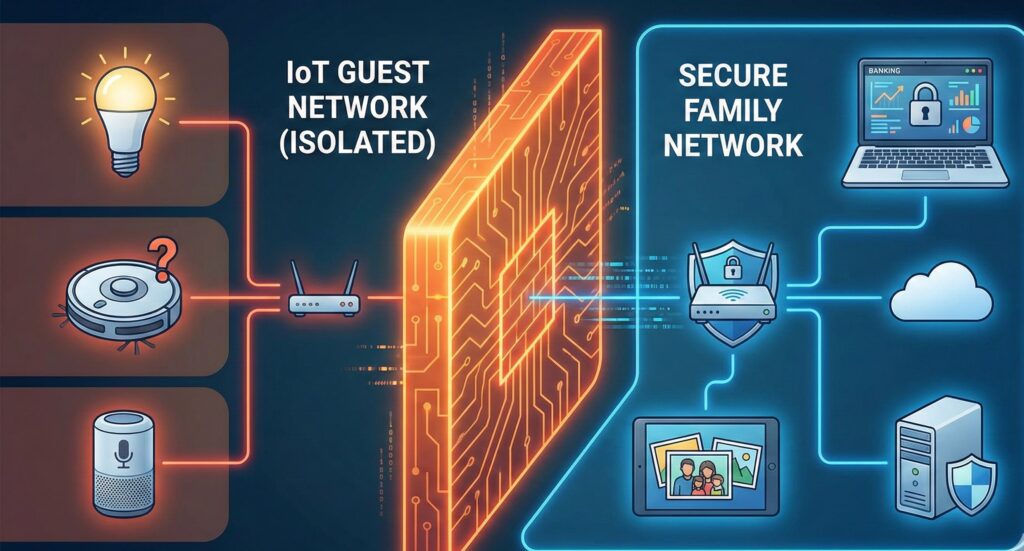 A digital illustration showing a home network segmented by a firewall, separating insecure IoT devices from sensitive family computers and data storage.